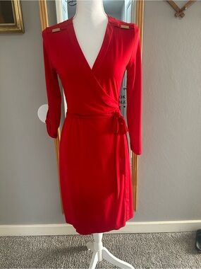 Calvin Klein Red Wrap Dress with Shoulder Accent